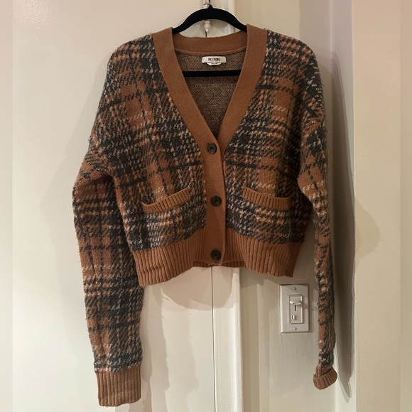 RE/DONE 90s Crop Cardigan Caramel Multi Tan Plaid - Picture 3 of 6